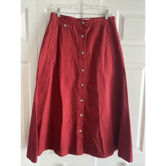 Norm Thompson Portland Oregon 10 Red Vintage Midi Skirt Academia Poplin Button - Picture 1 of 5